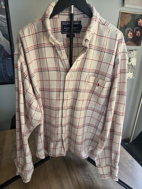 VINTAGE Ralph Lauren Cream Plaid Button-Down Shirt - Red Windowpane